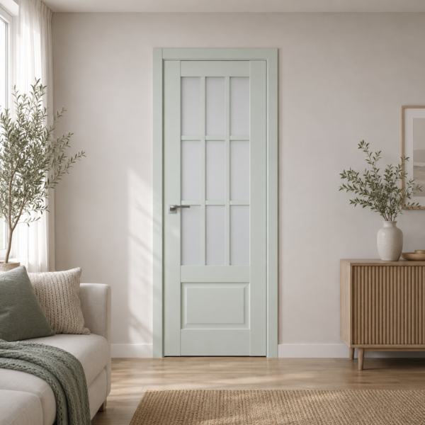 A1-Neo-Soft 604 Oliva laminált beltéri ajtó szatén üveggel