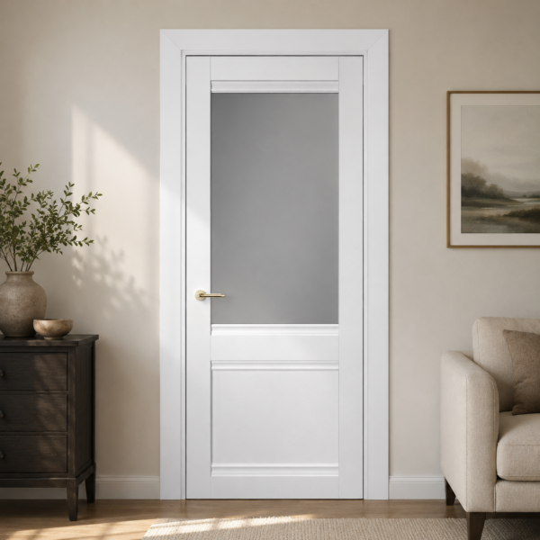 A0-Neoclassico 404 Fehér laminált beltéri ajtó szatén üveggel Line Rusztikus Avignon laminált beltéri ajtó szatén üveggel - A0 Neoclassico 404 White laminalt belteri ajto uveges scaled 1 600x600